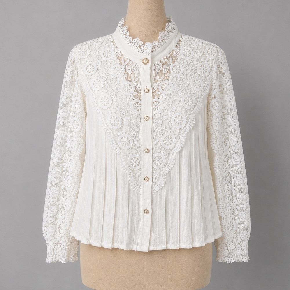 Floral Eyelet Lace Victorian Button Blouse Size S White Prairie Cottagecore Boho